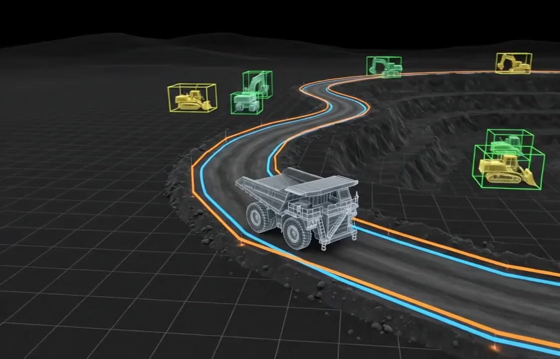 3D visualisation of an autonomous haul truck: the perception system tracks surrounding machines and plans a route along the haul road